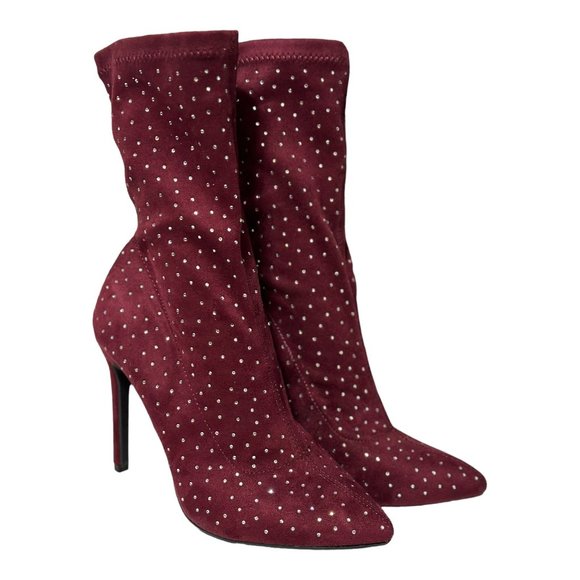 Nature Breeze Shoes - Nature Breeze Burgundy Rhinestone Booties